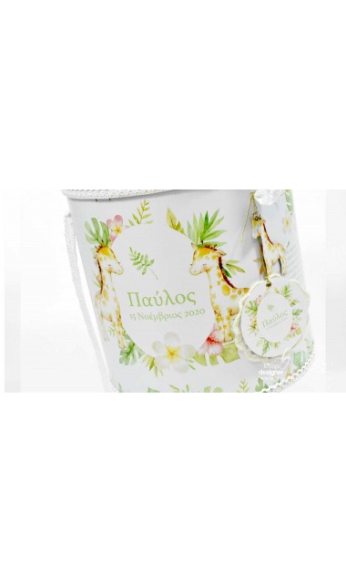 Trusou botez cu girafa si puiul ei cu frunze exotice de palmier si efecte watercolor Jungle Baby Giraffe 21